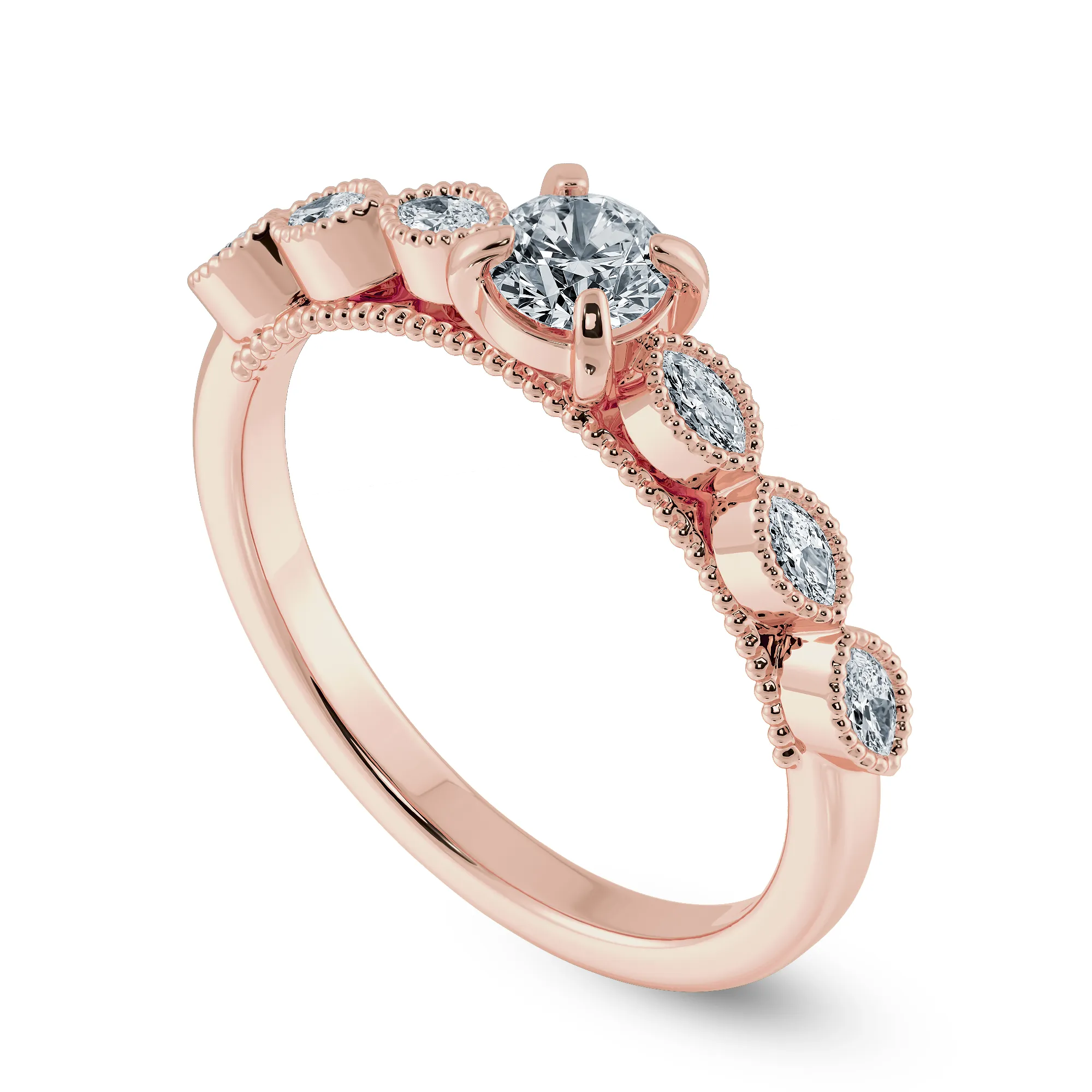 0.20cts. Solitaire 18K Rose Gold Ring with Marquise Cut Diamond Accents JL AU 2011R-C