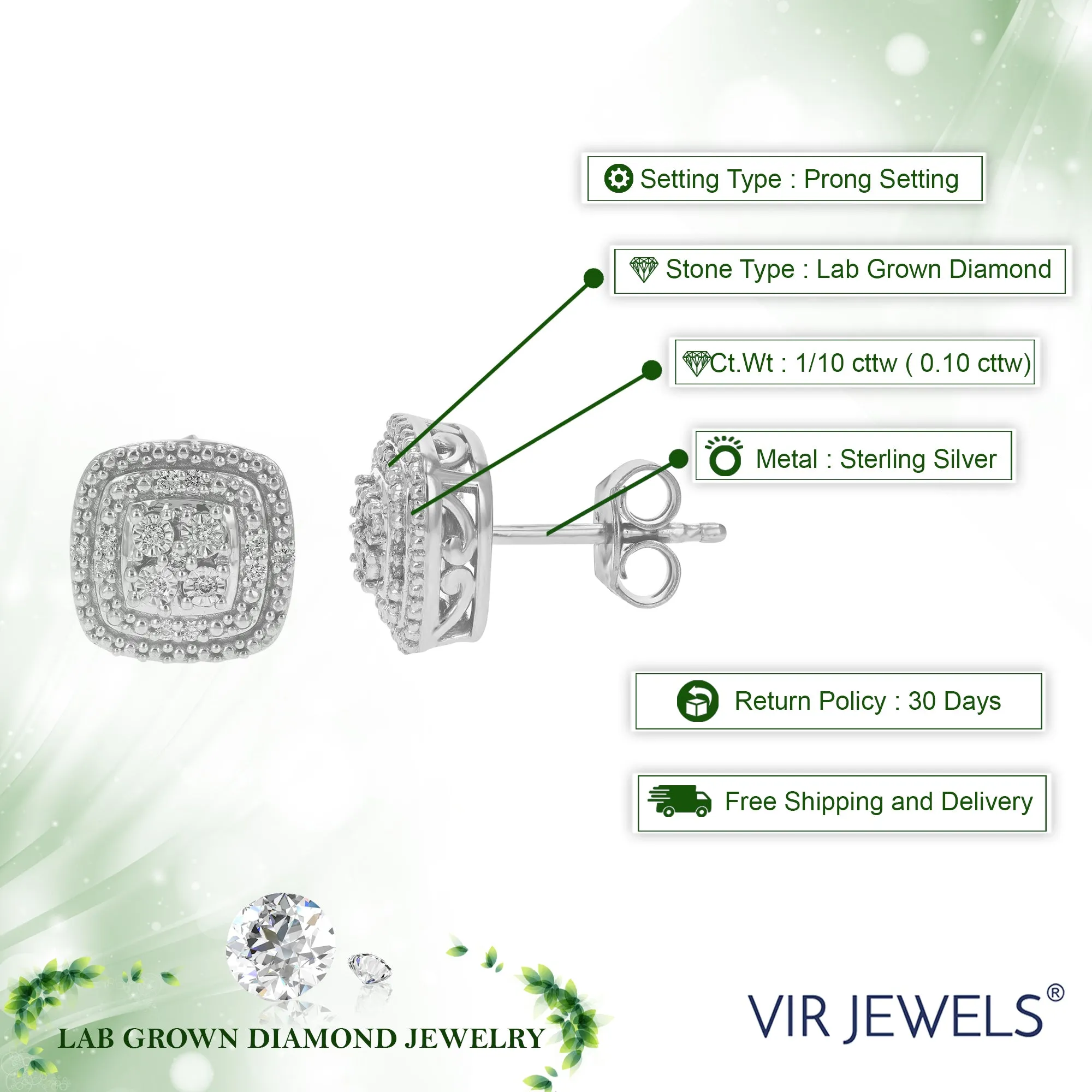 1/10 cttw Round Lab Grown Diamond Prong Set .925 Sterling Silver Stud Earrings