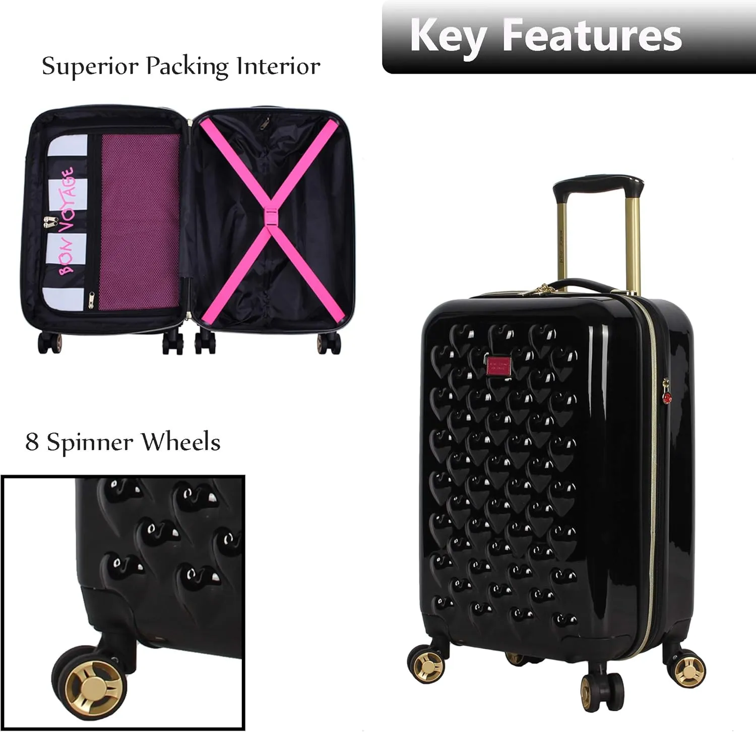 Betsey Johnson 26 Inch Checked Luggage Collection - Expandable Scratch Resistant (ABS   PC) Hardside Suitcase - Designer Lightweight Bag with 8-Rolling Spinner Wheels (Heart to Heart Black)