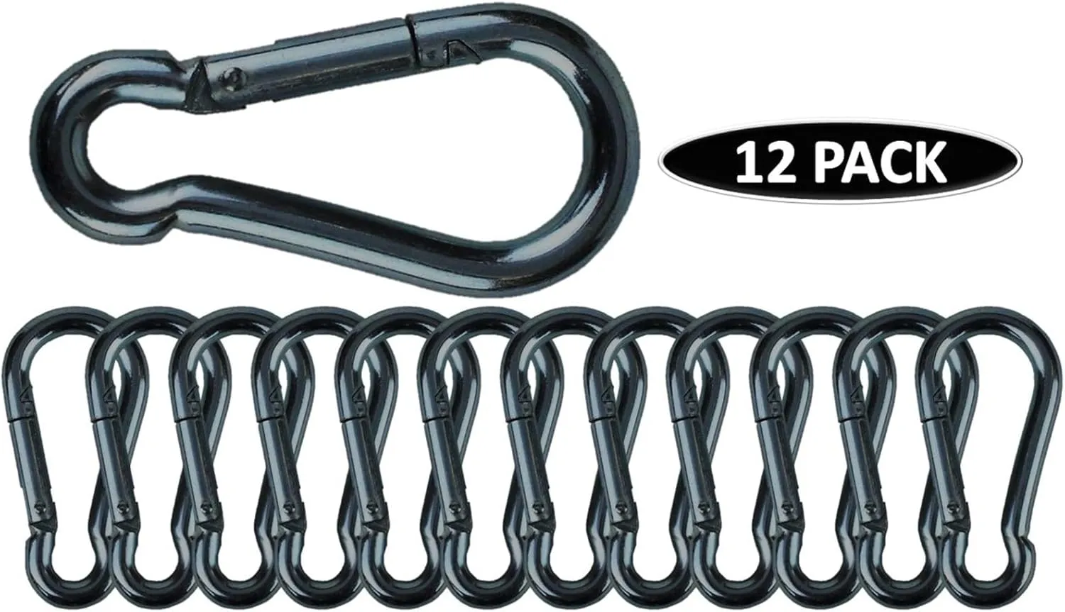 Black & Silver Zinc-Galvanized Heavy Duty Bushcraft Carabiner Spring Snap Clip Link Hooks 200-500lb Load 2, 6 & 12 Packs
