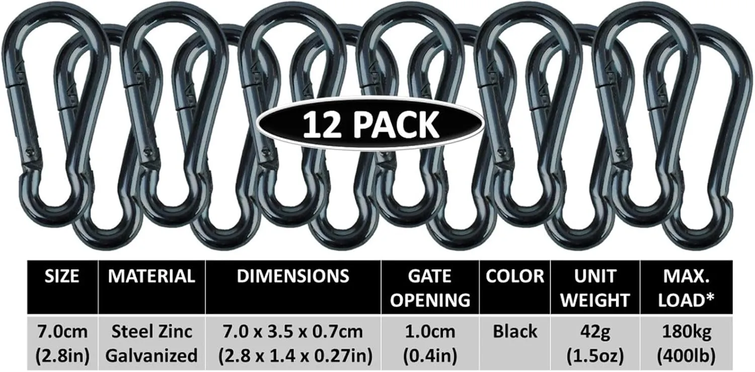 Black & Silver Zinc-Galvanized Heavy Duty Bushcraft Carabiner Spring Snap Clip Link Hooks 200-500lb Load 2, 6 & 12 Packs