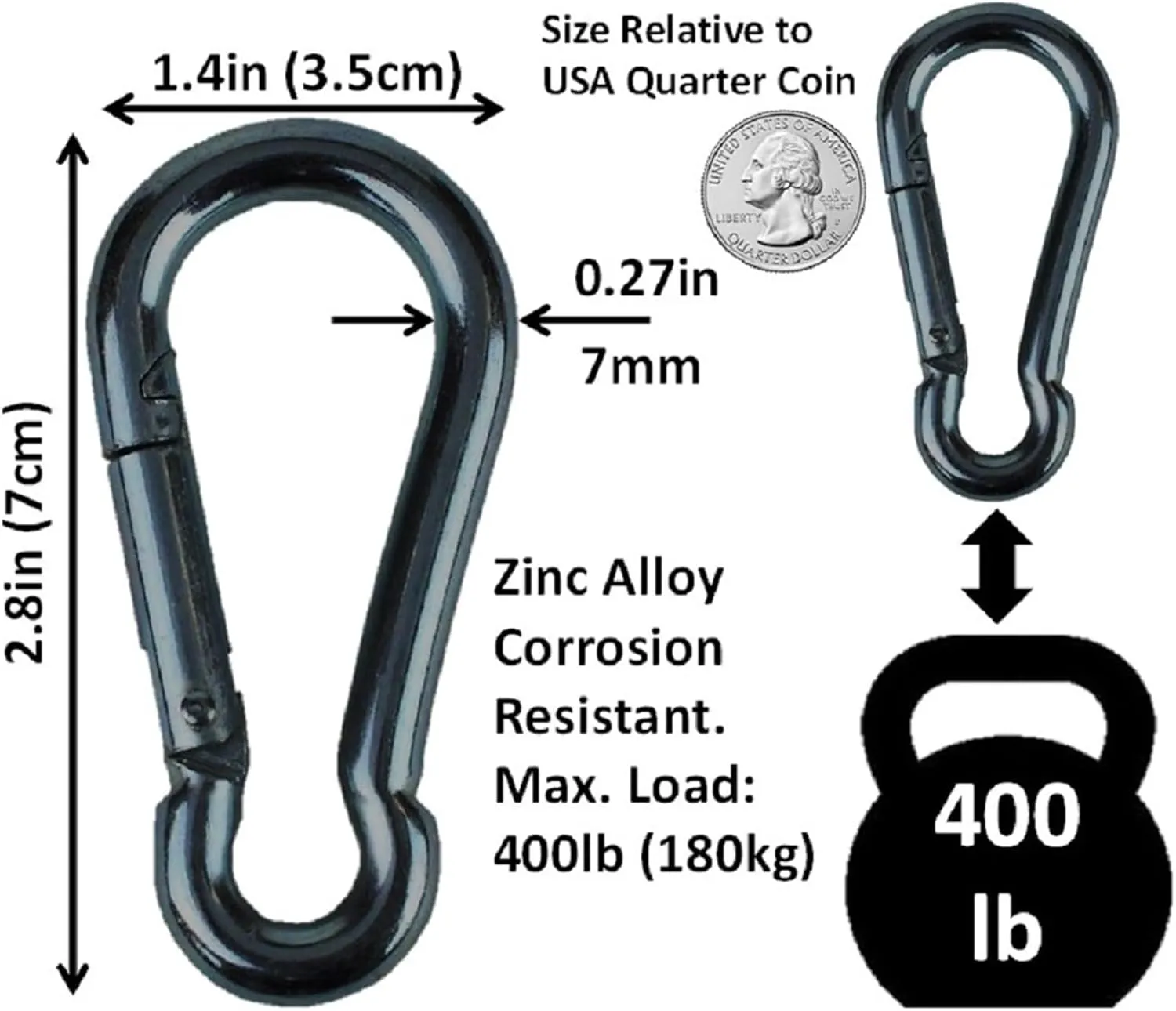 Black & Silver Zinc-Galvanized Heavy Duty Bushcraft Carabiner Spring Snap Clip Link Hooks 200-500lb Load 2, 6 & 12 Packs