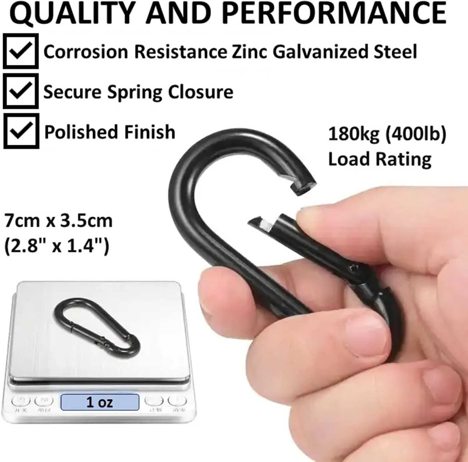 Black & Silver Zinc-Galvanized Heavy Duty Bushcraft Carabiner Spring Snap Clip Link Hooks 200-500lb Load 2, 6 & 12 Packs