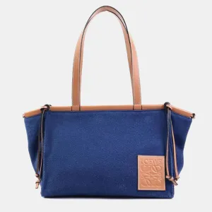 Brown/Navy Blue Canvas and Leather Cushion Tote Bag