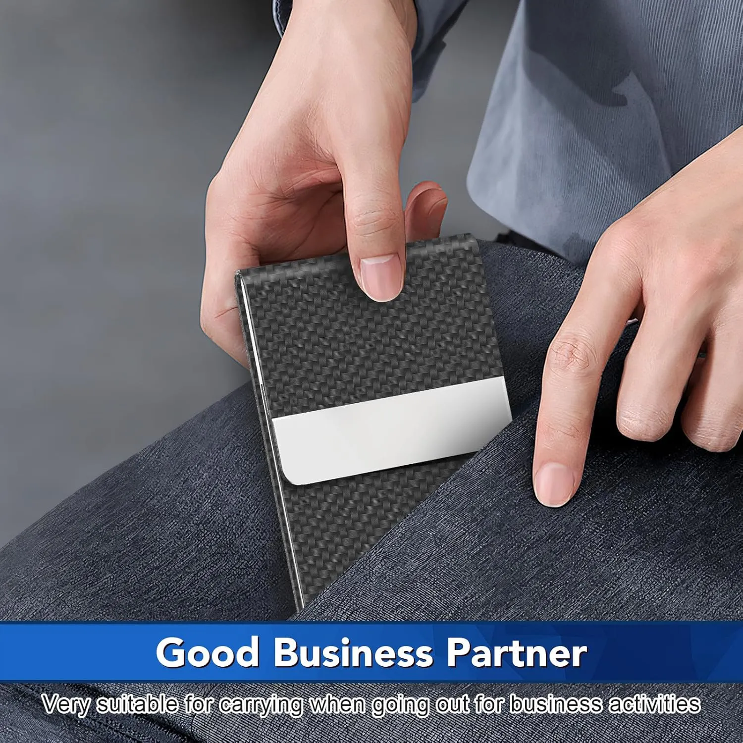 Business Card Holder, Metal Slim Business Card Case, Pocket Card Holder for Women or Men, PU Leather Business Card Holder Case RFID Blocking Name Card Holder with Magnetic Closure, Black Carbon