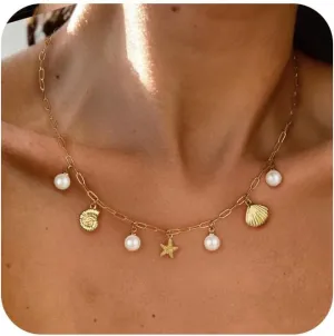 Charm Necklace for Women,Dainty 14K Gold Plated Starfish Seashell Necklace Simple Gold Beach Necklaces for Women Trendy Beach Jewelry