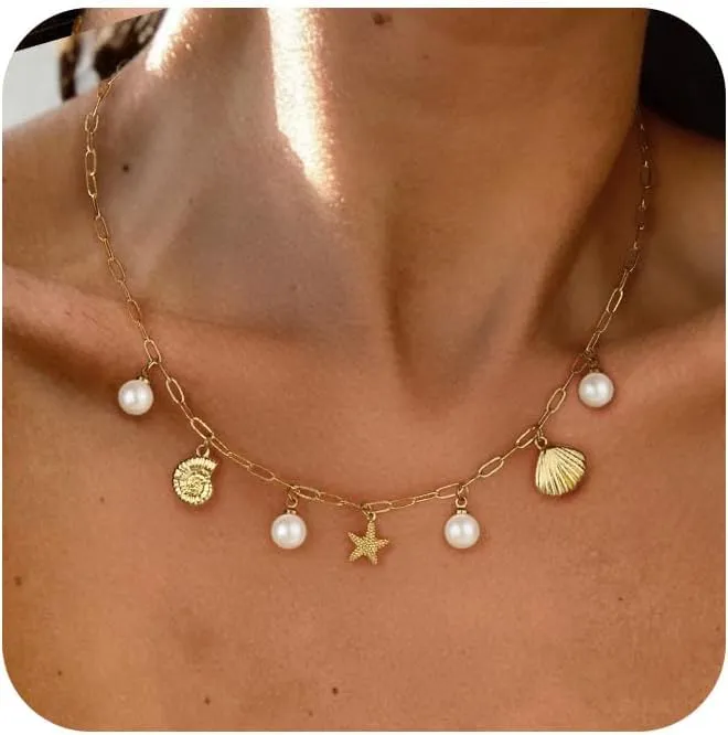 Charm Necklace for Women,Dainty 14K Gold Plated Starfish Seashell Necklace Simple Gold Beach Necklaces for Women Trendy Beach Jewelry