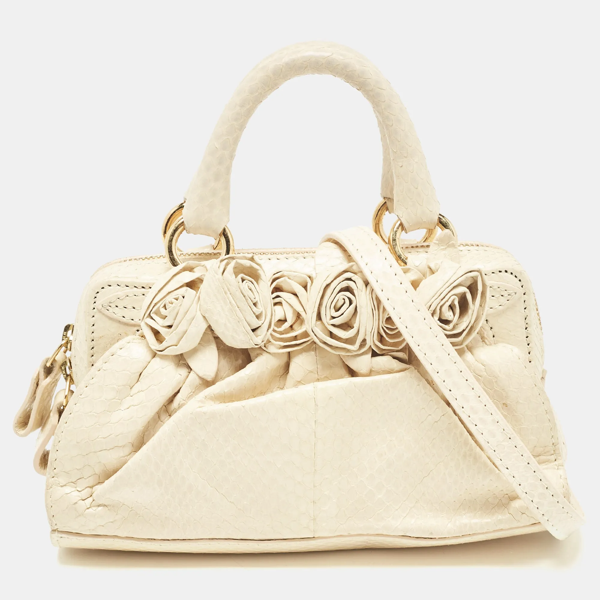 Cream Snakeskin Flower Appliqu&eacute; Clutch Bag