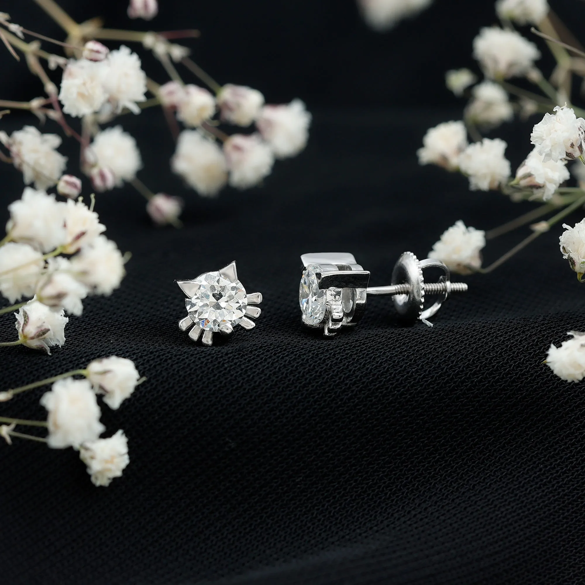 Cute Cat Solitaire Stud Earrings with Lab Grown Diamond
