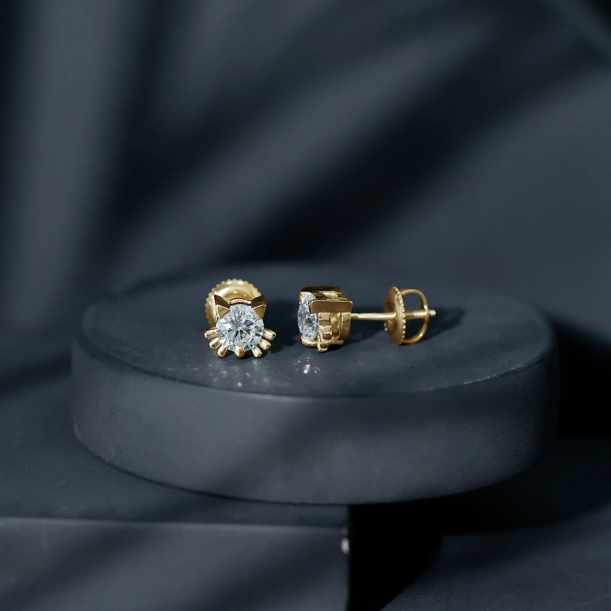 Cute Cat Solitaire Stud Earrings with Lab Grown Diamond
