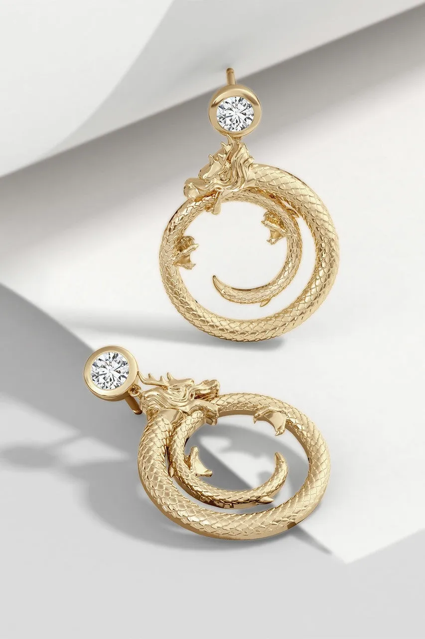 Dragon 14k Yellow Gold Ear Danglers With Diamond