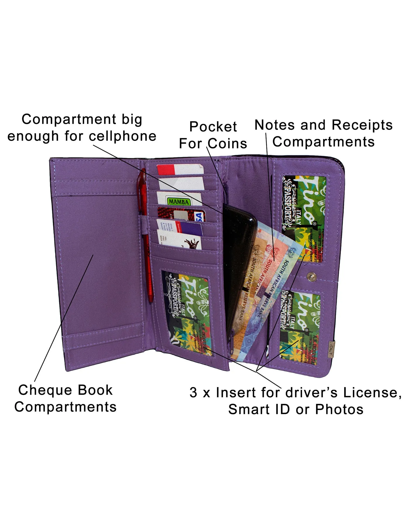 Fino RF-08 608-765 Faux Leather Patent Crocodile Clutch Bag and Leaf Printed Purse Set - Purple