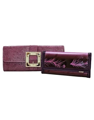 Fino RF-08 608-765 Faux Leather Patent Crocodile Clutch Bag and Leaf Printed Purse Set - Purple