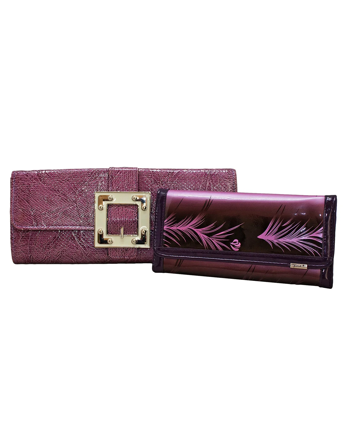 Fino RF-08 608-765 Faux Leather Patent Crocodile Clutch Bag and Leaf Printed Purse Set - Purple