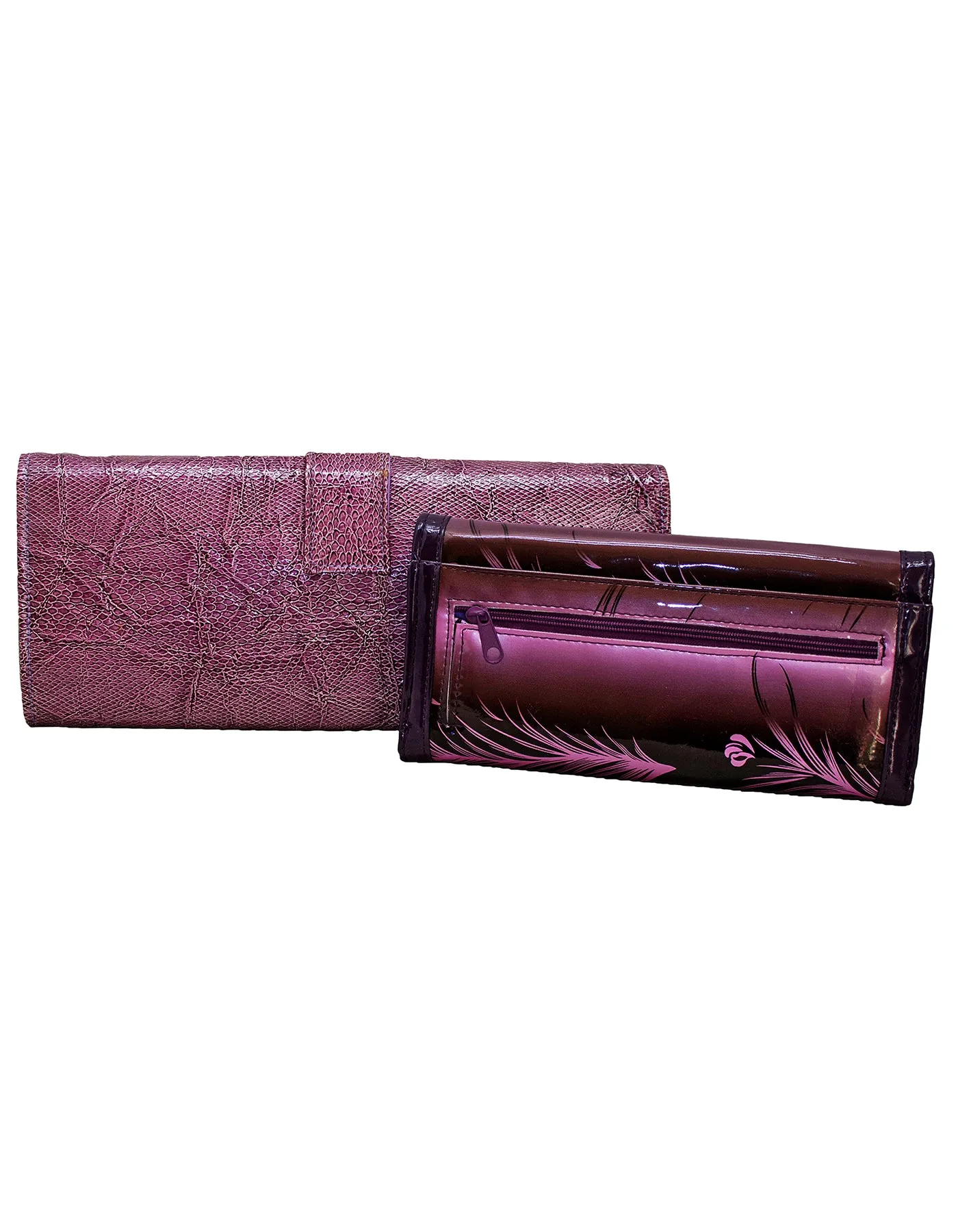 Fino RF-08 608-765 Faux Leather Patent Crocodile Clutch Bag and Leaf Printed Purse Set - Purple