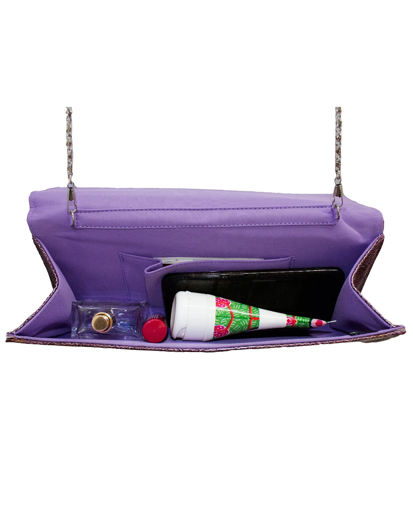 Fino RF-08 608-765 Faux Leather Patent Crocodile Clutch Bag and Leaf Printed Purse Set - Purple