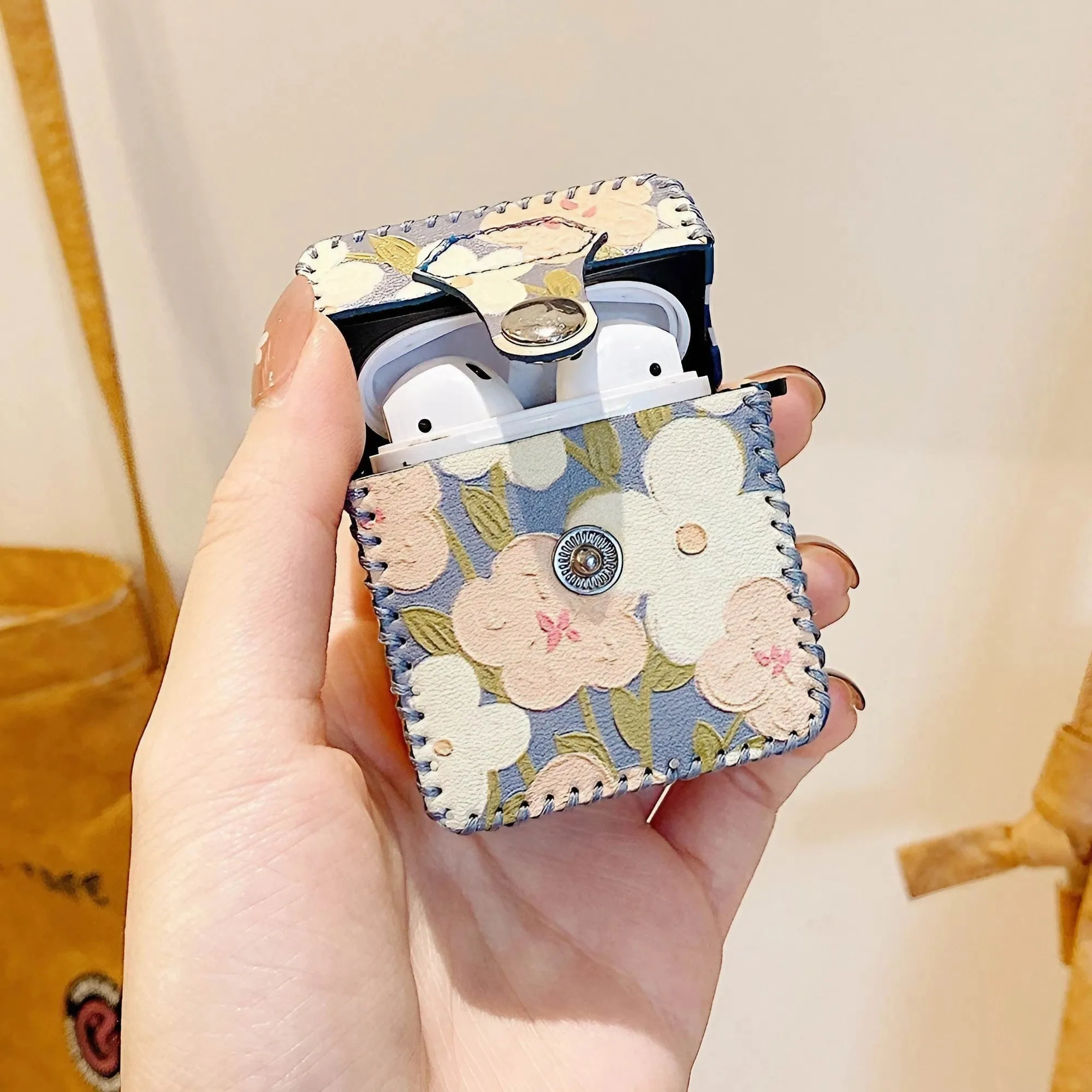 Flower Oil Painting AirPods Case PU Leather Earphone Case