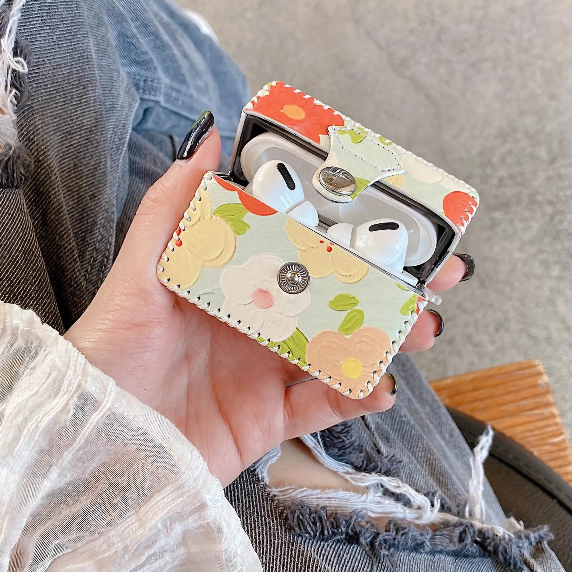 Flower Oil Painting AirPods Case PU Leather Earphone Case