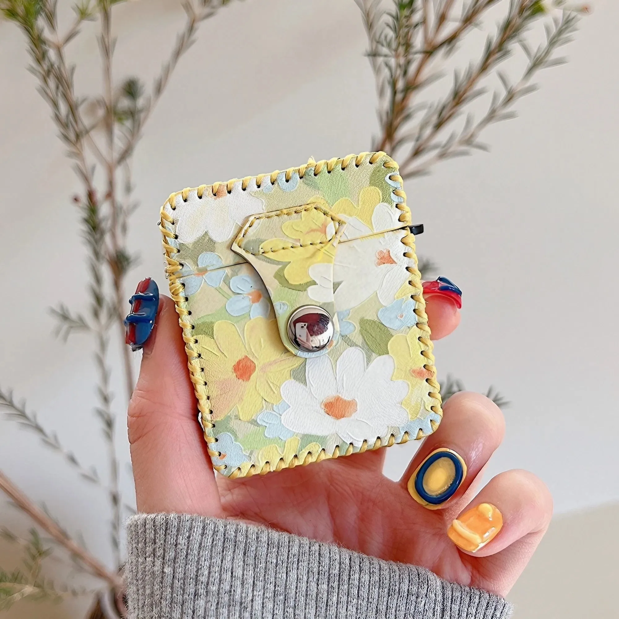 Flower Oil Painting AirPods Case PU Leather Earphone Case