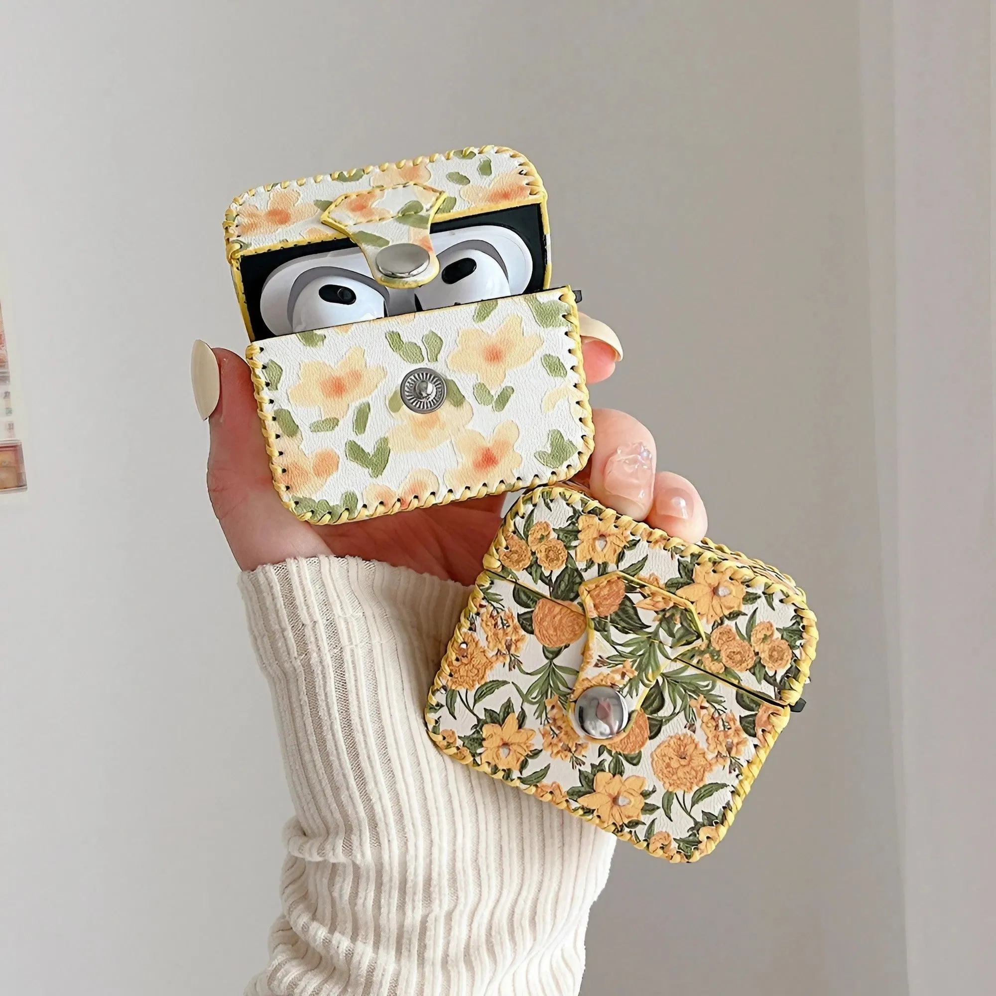 Flower Oil Painting AirPods Case PU Leather Earphone Case