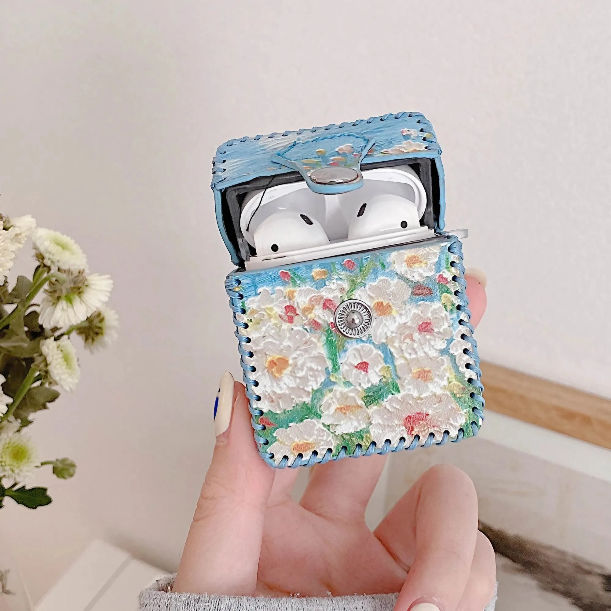 Flower Oil Painting AirPods Case PU Leather Earphone Case