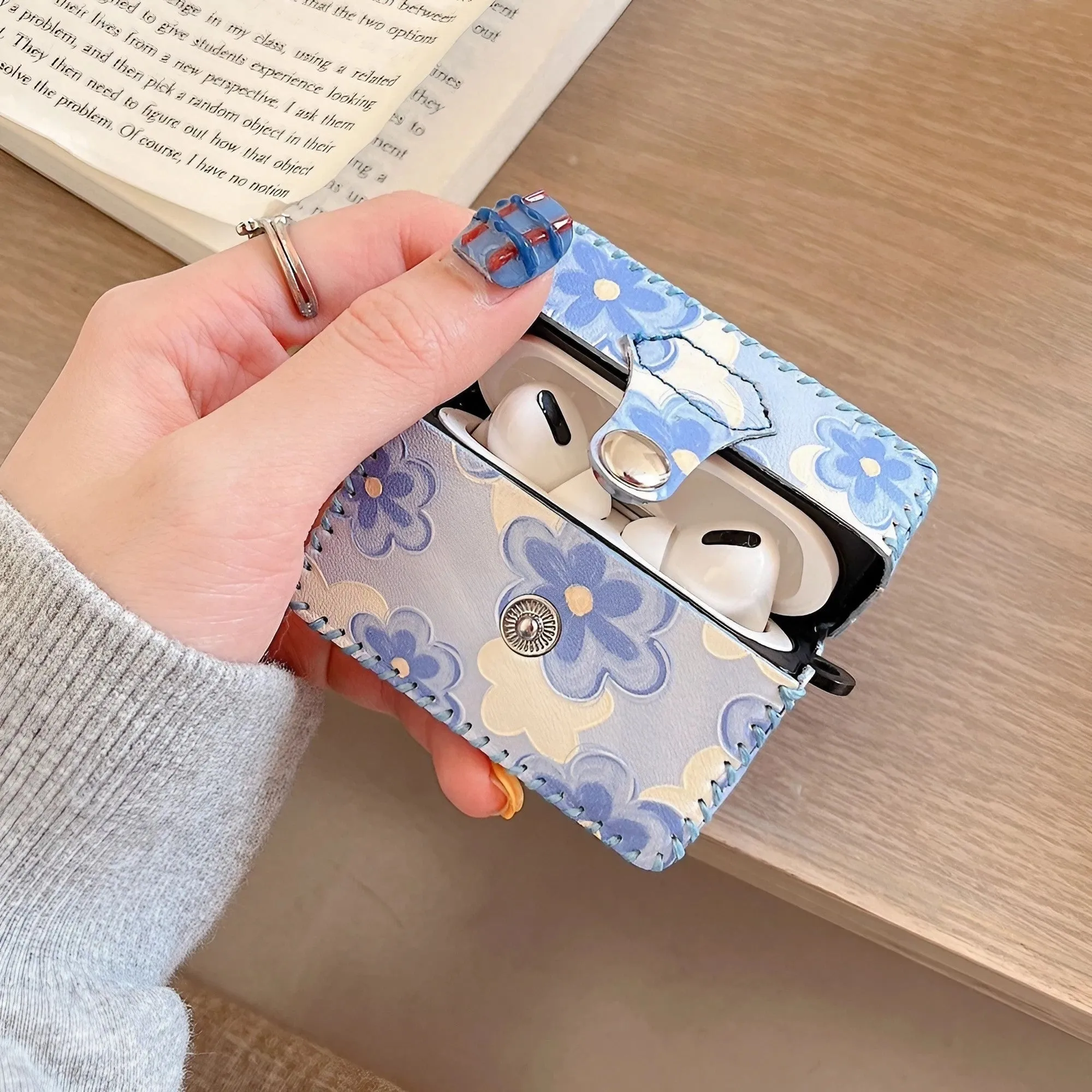 Flower Oil Painting AirPods Case PU Leather Earphone Case
