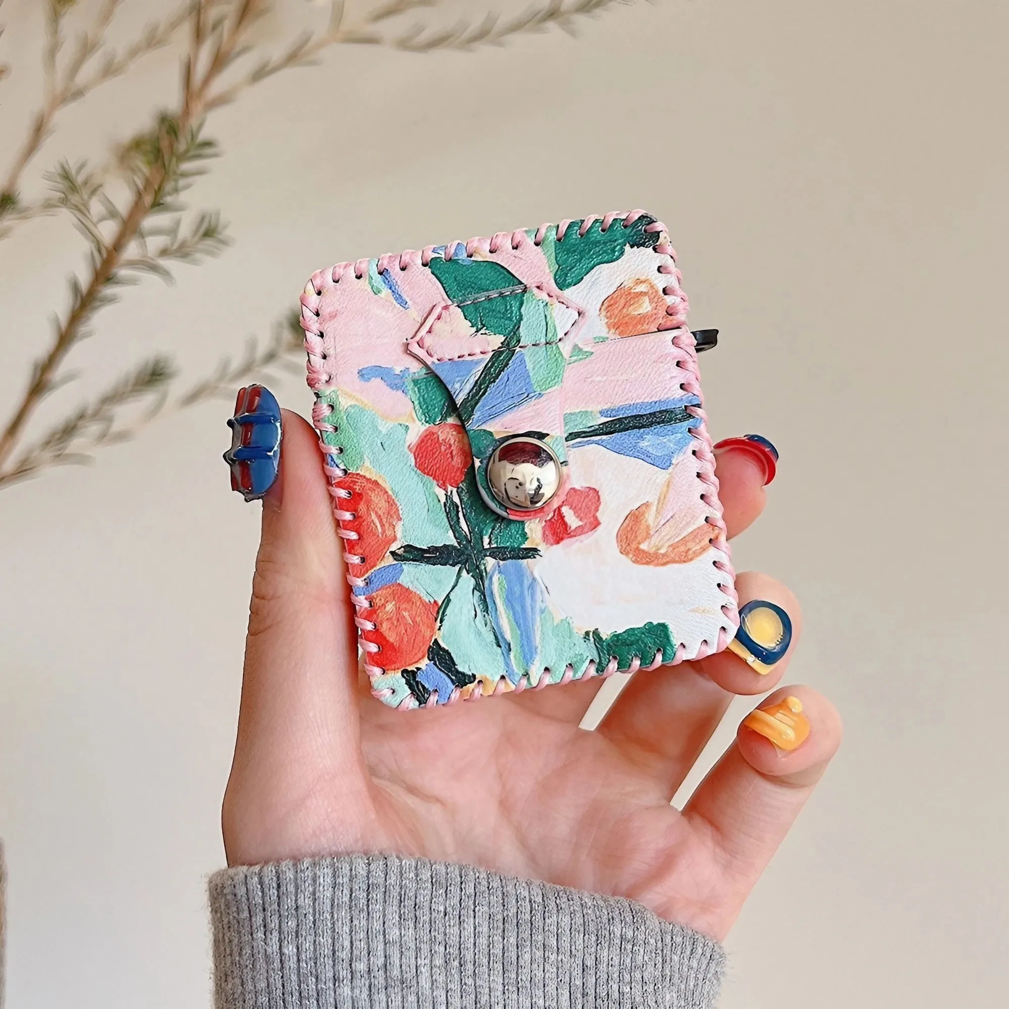Flower Oil Painting AirPods Case PU Leather Earphone Case