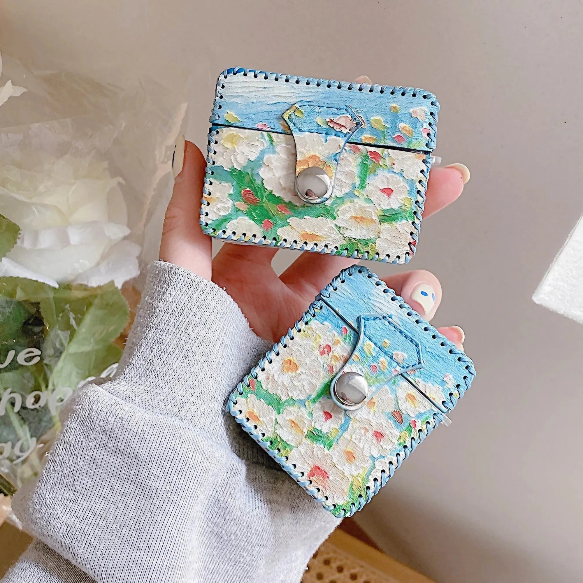 Flower Oil Painting AirPods Case PU Leather Earphone Case