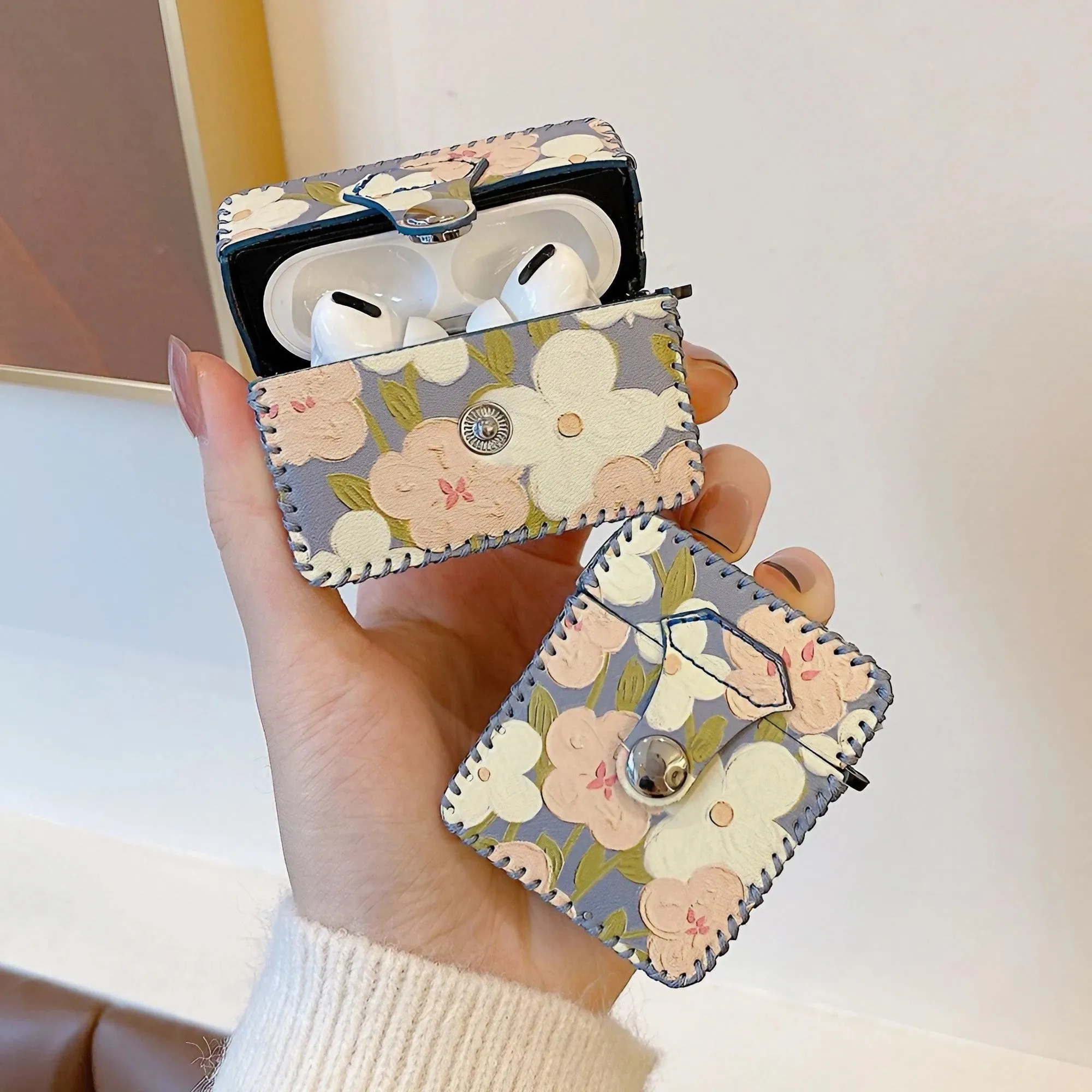 Flower Oil Painting AirPods Case PU Leather Earphone Case