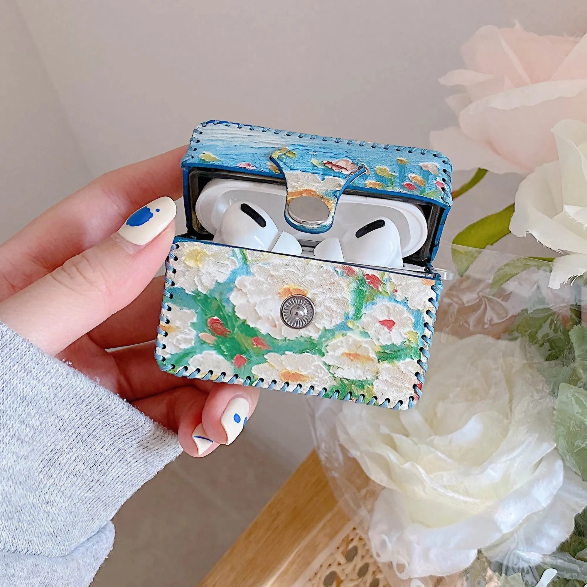 Flower Oil Painting AirPods Case PU Leather Earphone Case