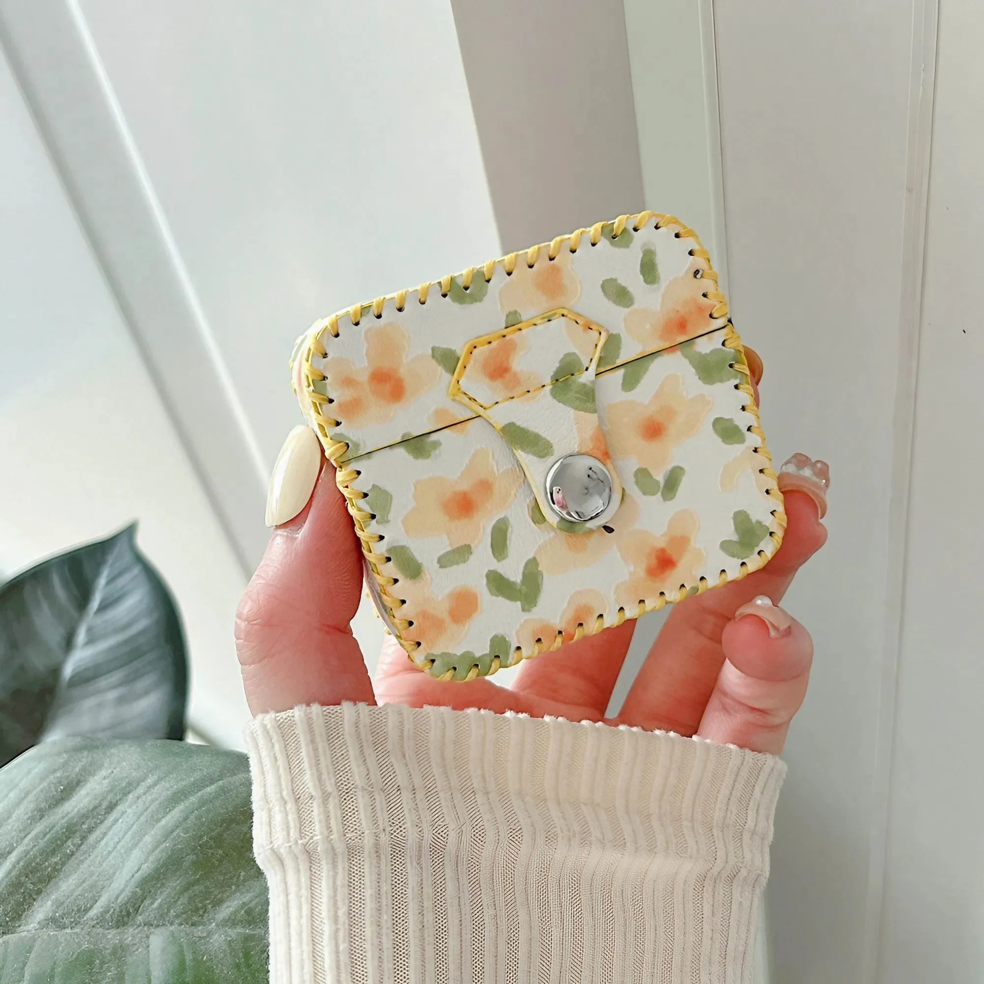 Flower Oil Painting AirPods Case PU Leather Earphone Case