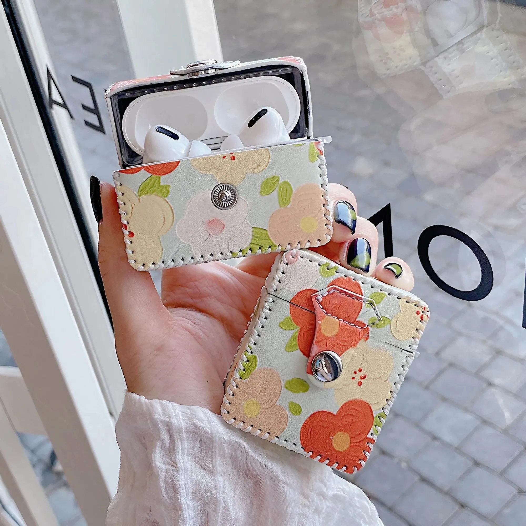 Flower Oil Painting AirPods Case PU Leather Earphone Case