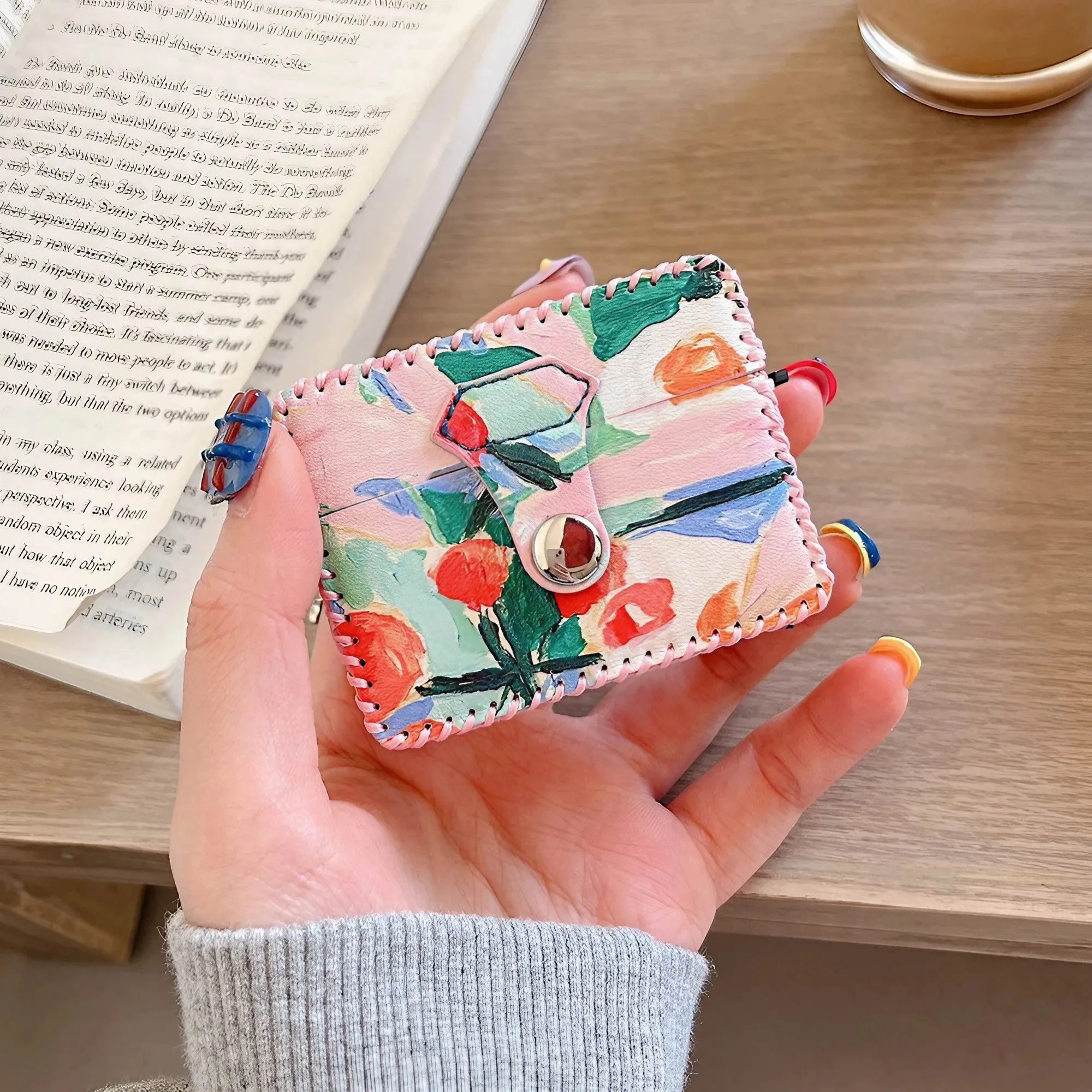 Flower Oil Painting AirPods Case PU Leather Earphone Case
