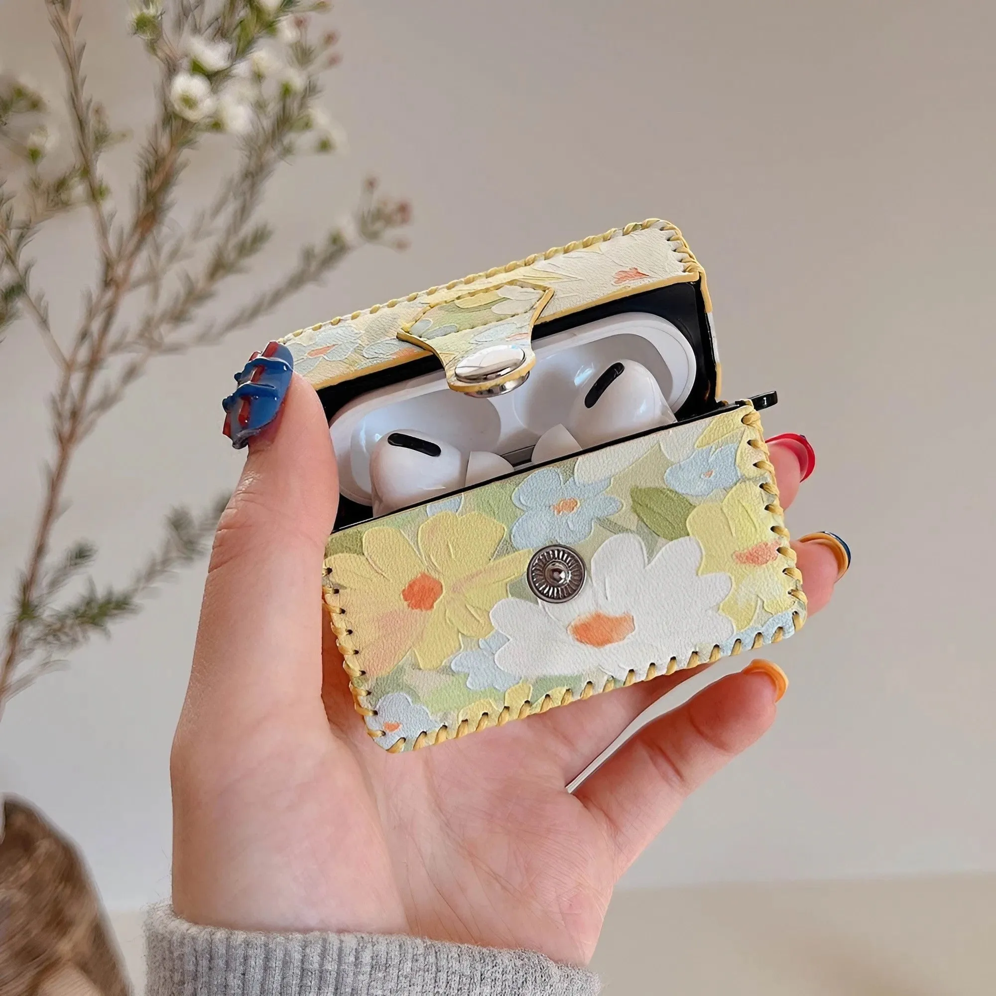 Flower Oil Painting AirPods Case PU Leather Earphone Case