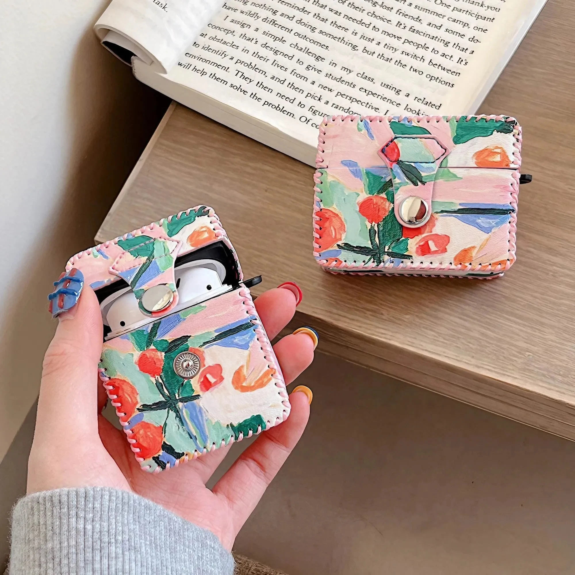 Flower Oil Painting AirPods Case PU Leather Earphone Case