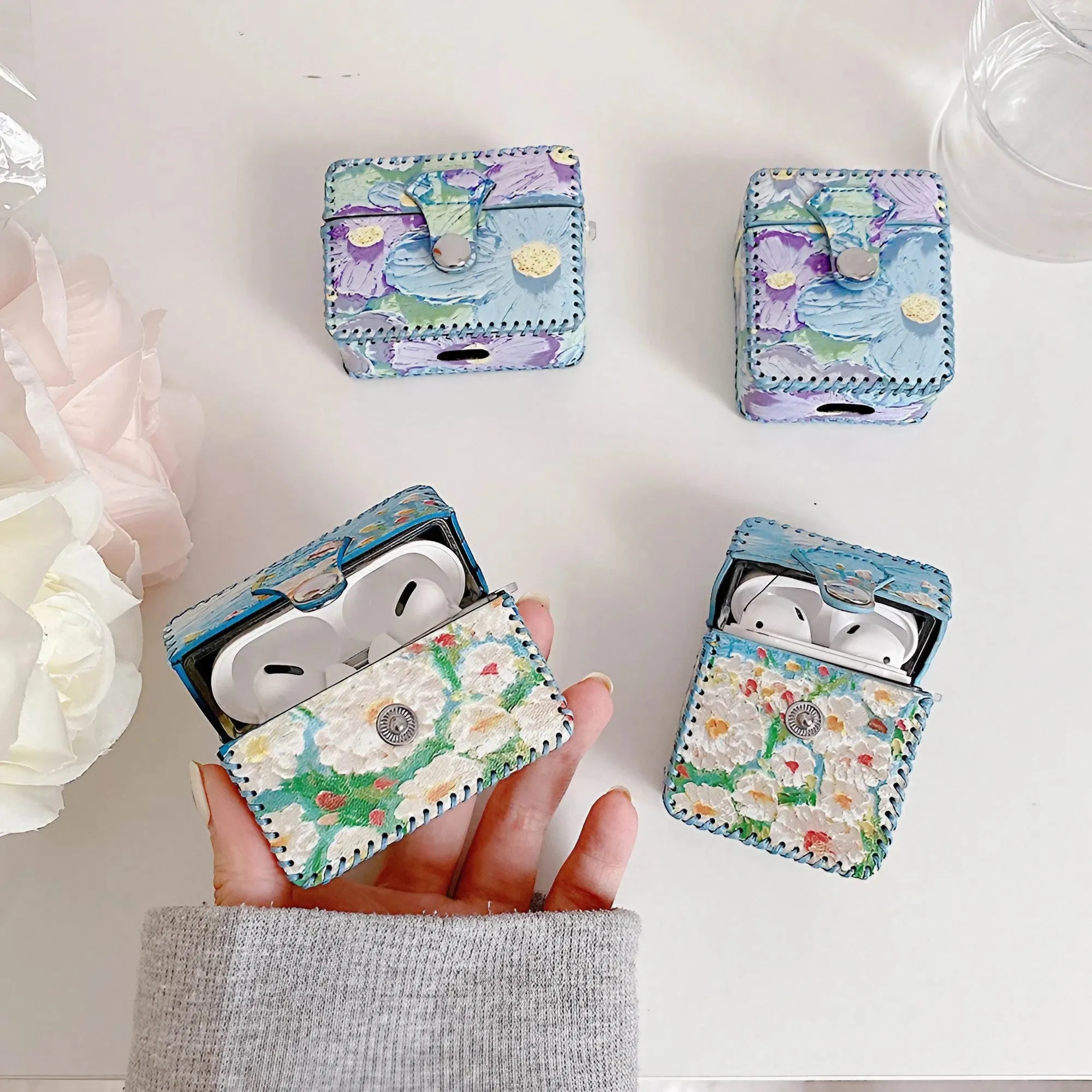 Flower Oil Painting AirPods Case PU Leather Earphone Case