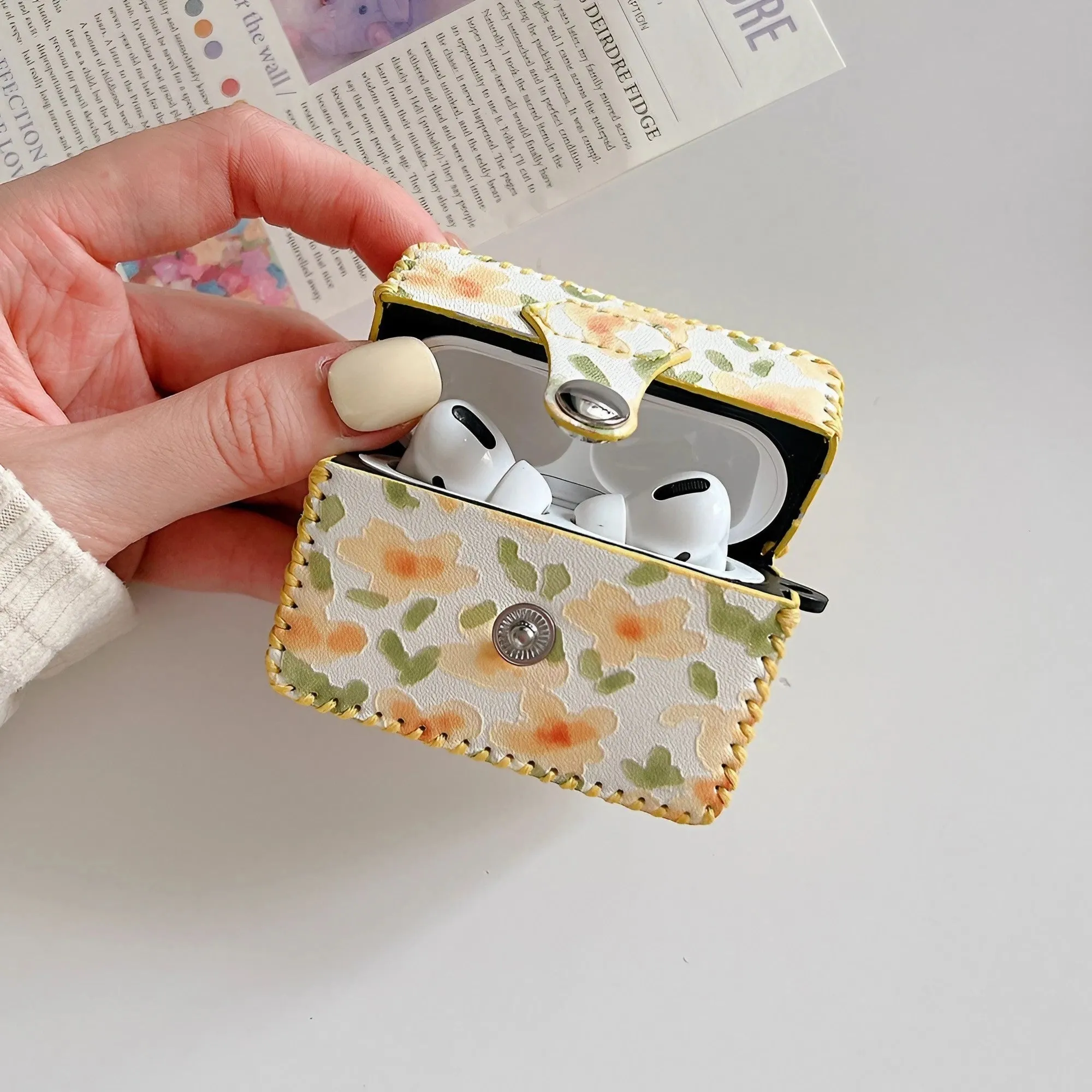 Flower Oil Painting AirPods Case PU Leather Earphone Case
