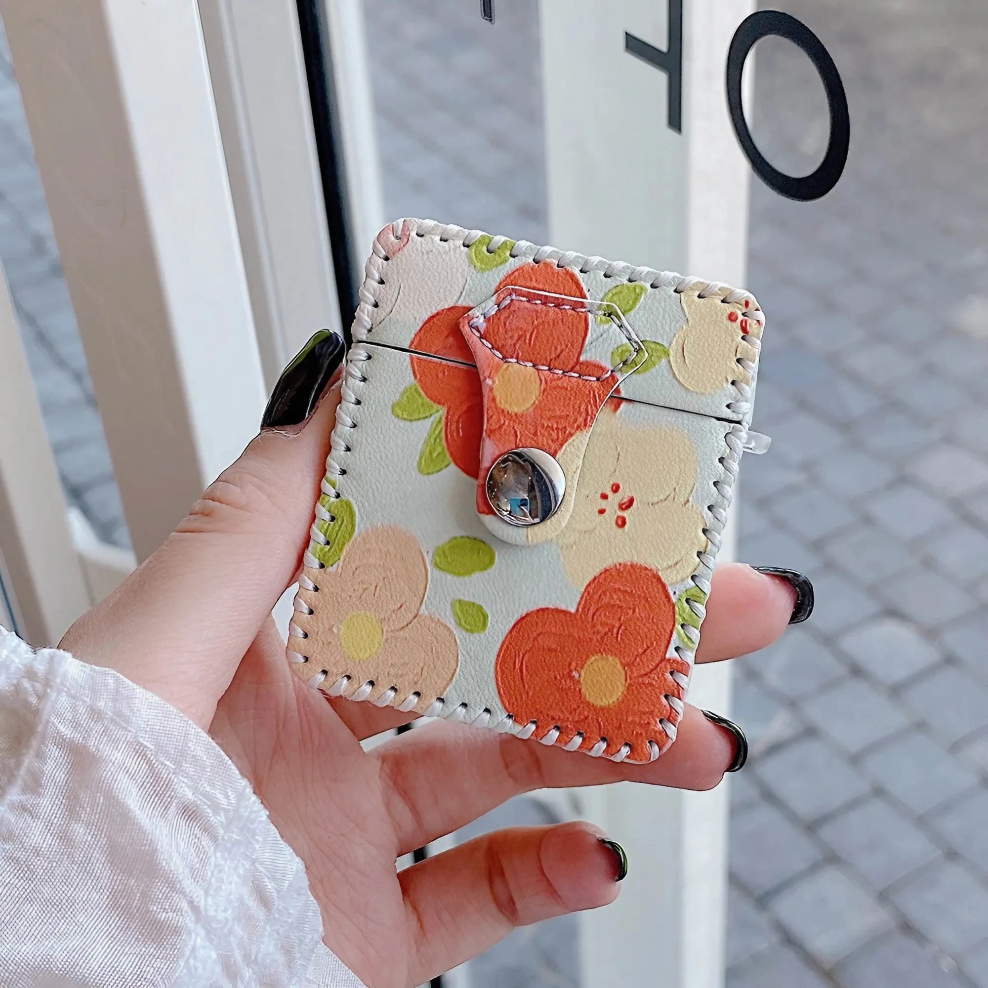 Flower Oil Painting AirPods Case PU Leather Earphone Case