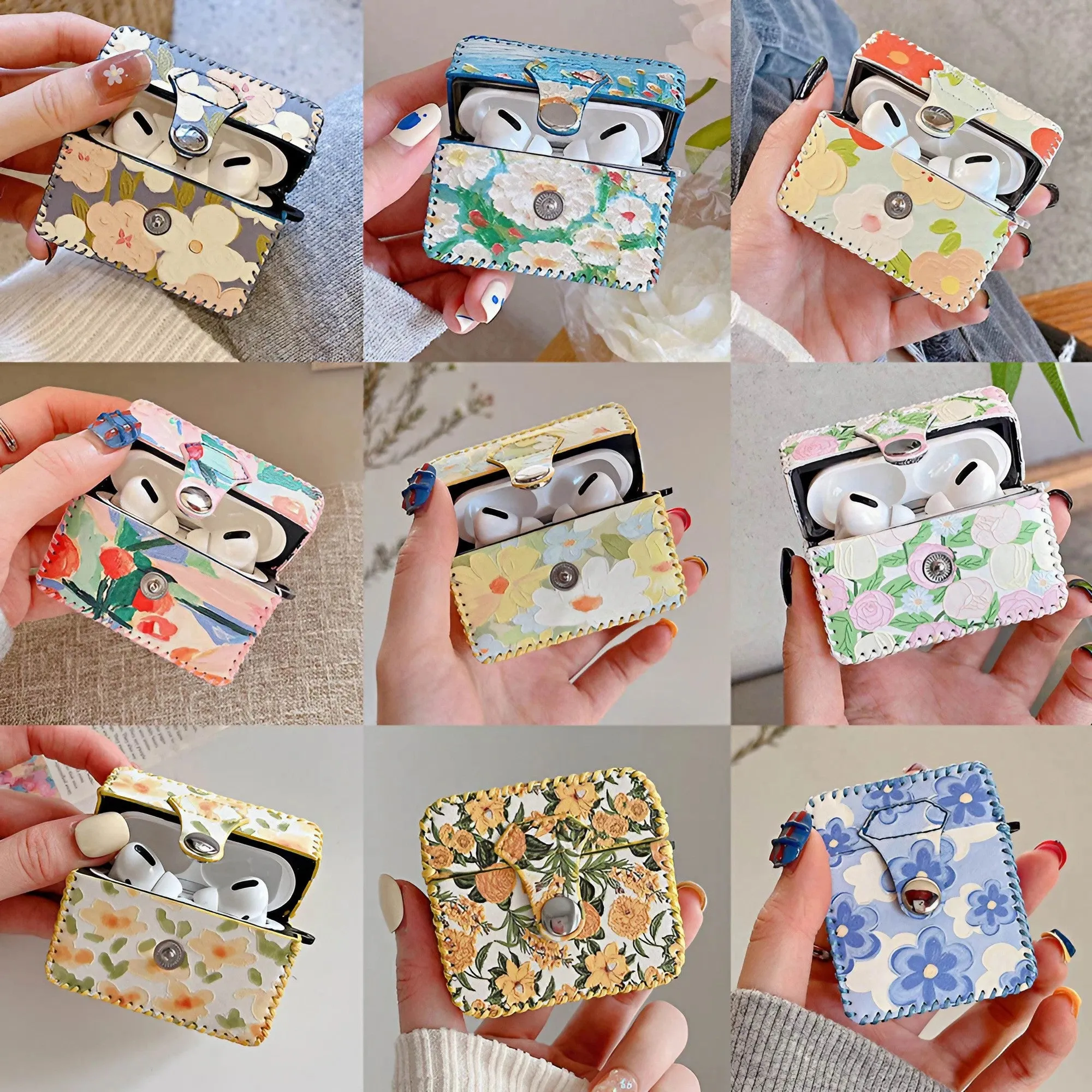 Flower Oil Painting AirPods Case PU Leather Earphone Case