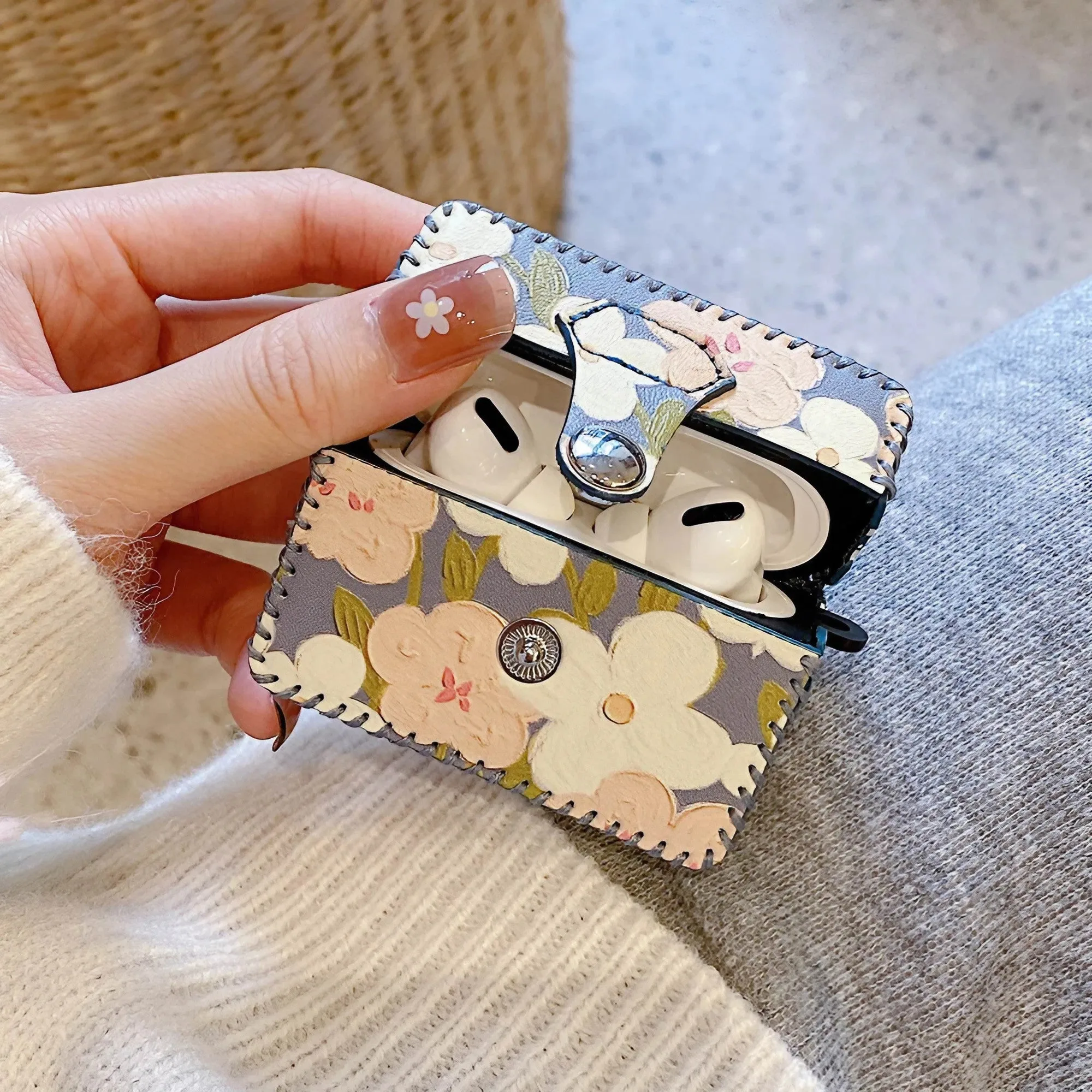 Flower Oil Painting AirPods Case PU Leather Earphone Case