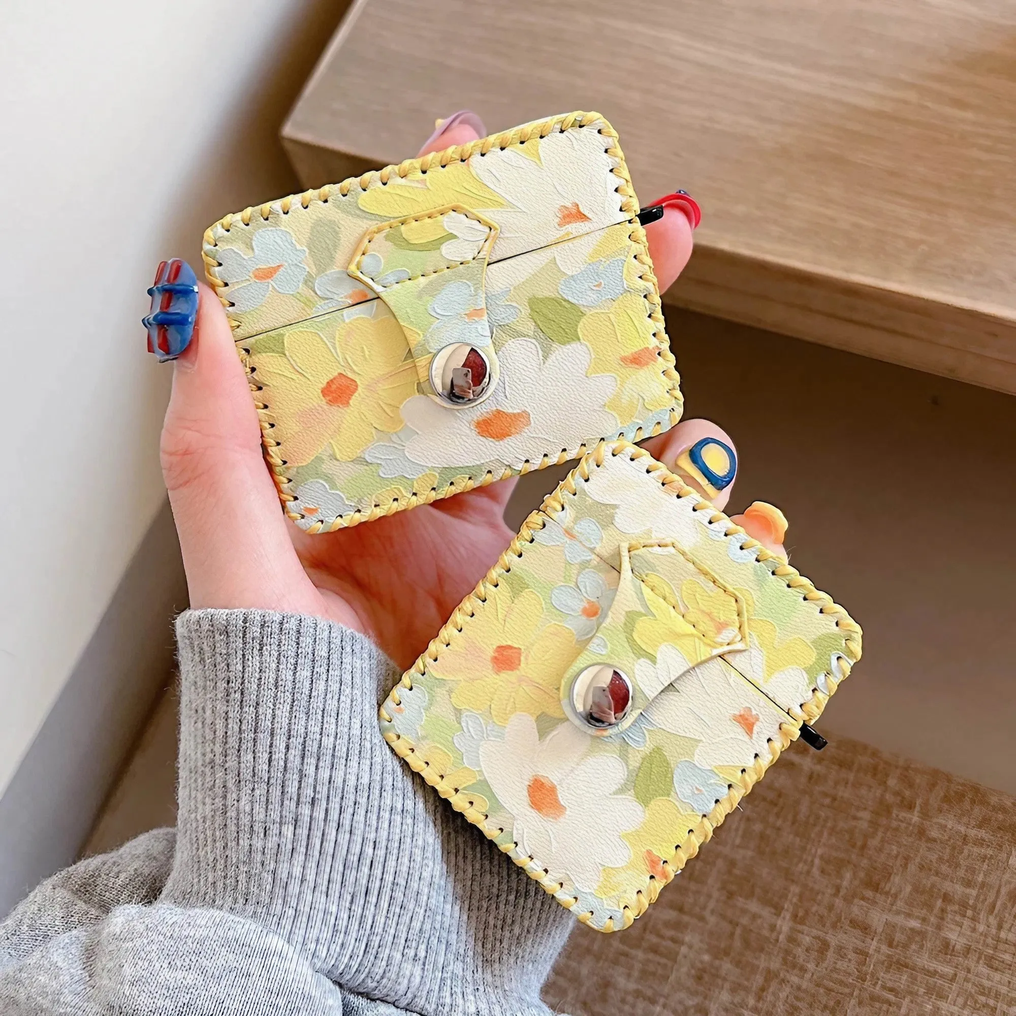 Flower Oil Painting AirPods Case PU Leather Earphone Case