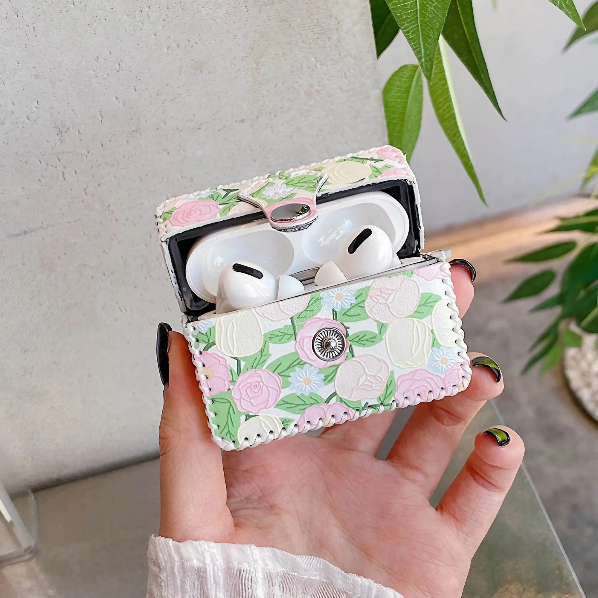 Flower Oil Painting AirPods Case PU Leather Earphone Case