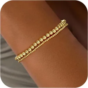 Gold Bracelets for Women, 14K Gold Plated Beaded Bracelets Gold Strand Bead Ball Bracelet Stack Set Adjustable Bracelet Set Waterproof Jewelry for Women Gifts Non Tarnish