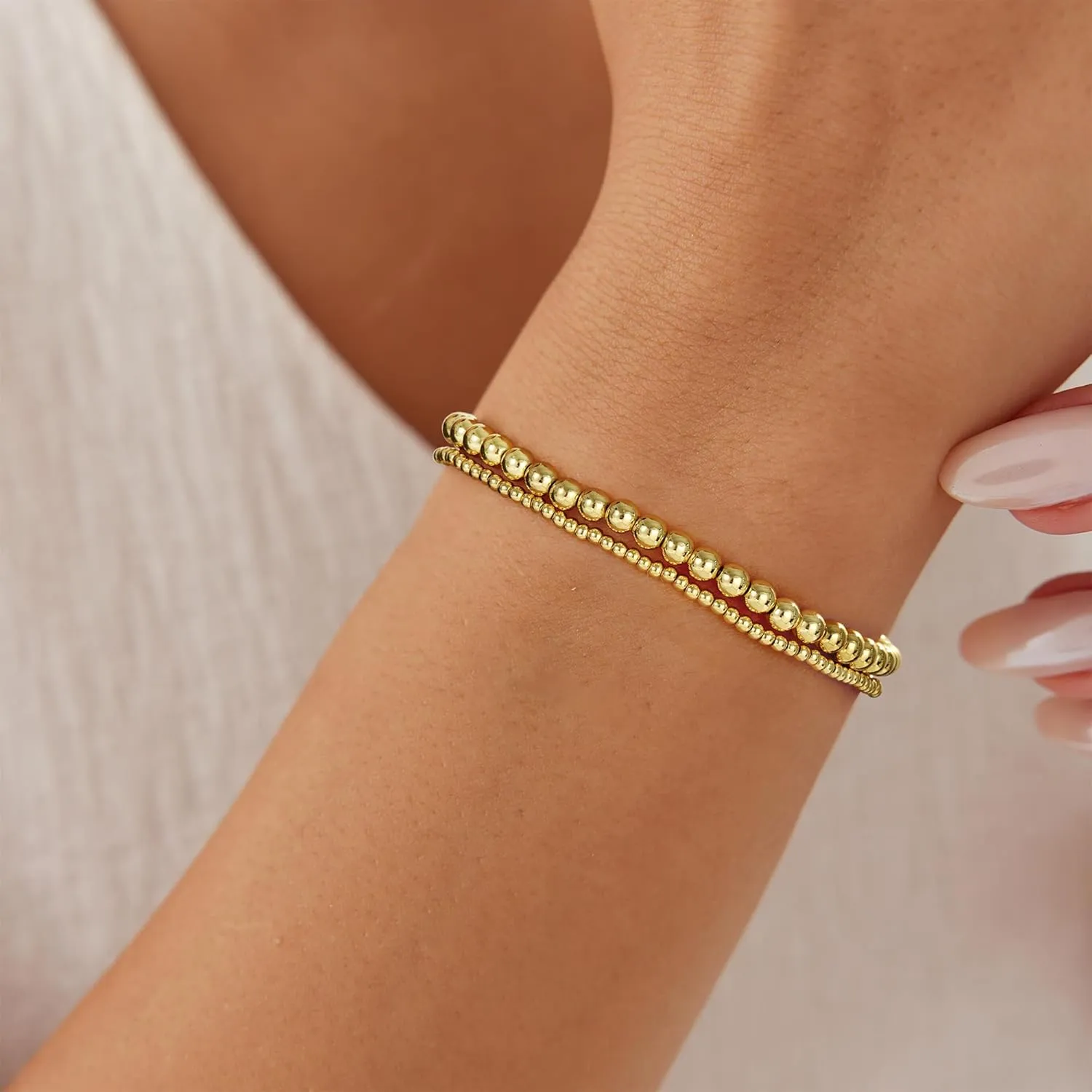Gold Bracelets for Women, 14K Gold Plated Beaded Bracelets Gold Strand Bead Ball Bracelet Stack Set Adjustable Bracelet Set Waterproof Jewelry for Women Gifts Non Tarnish