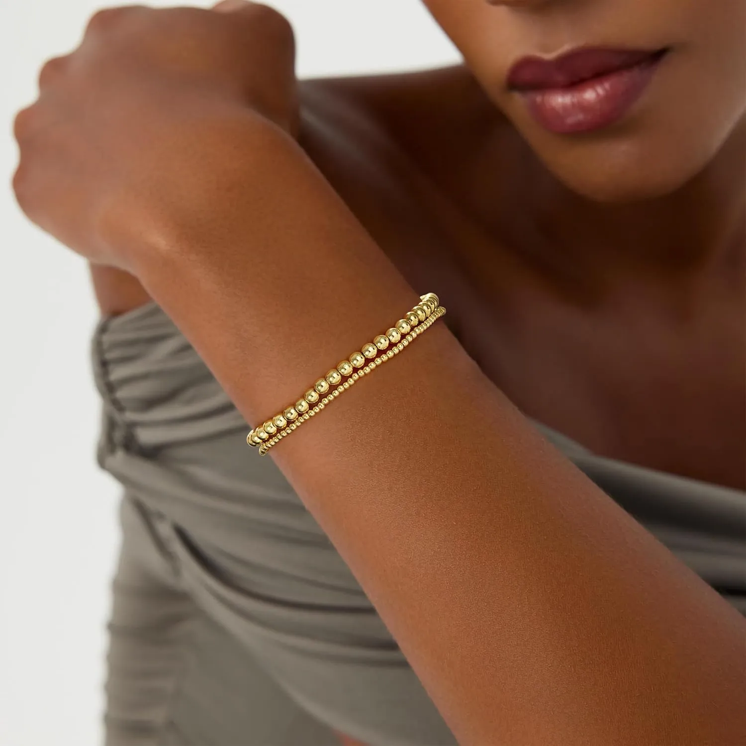 Gold Bracelets for Women, 14K Gold Plated Beaded Bracelets Gold Strand Bead Ball Bracelet Stack Set Adjustable Bracelet Set Waterproof Jewelry for Women Gifts Non Tarnish