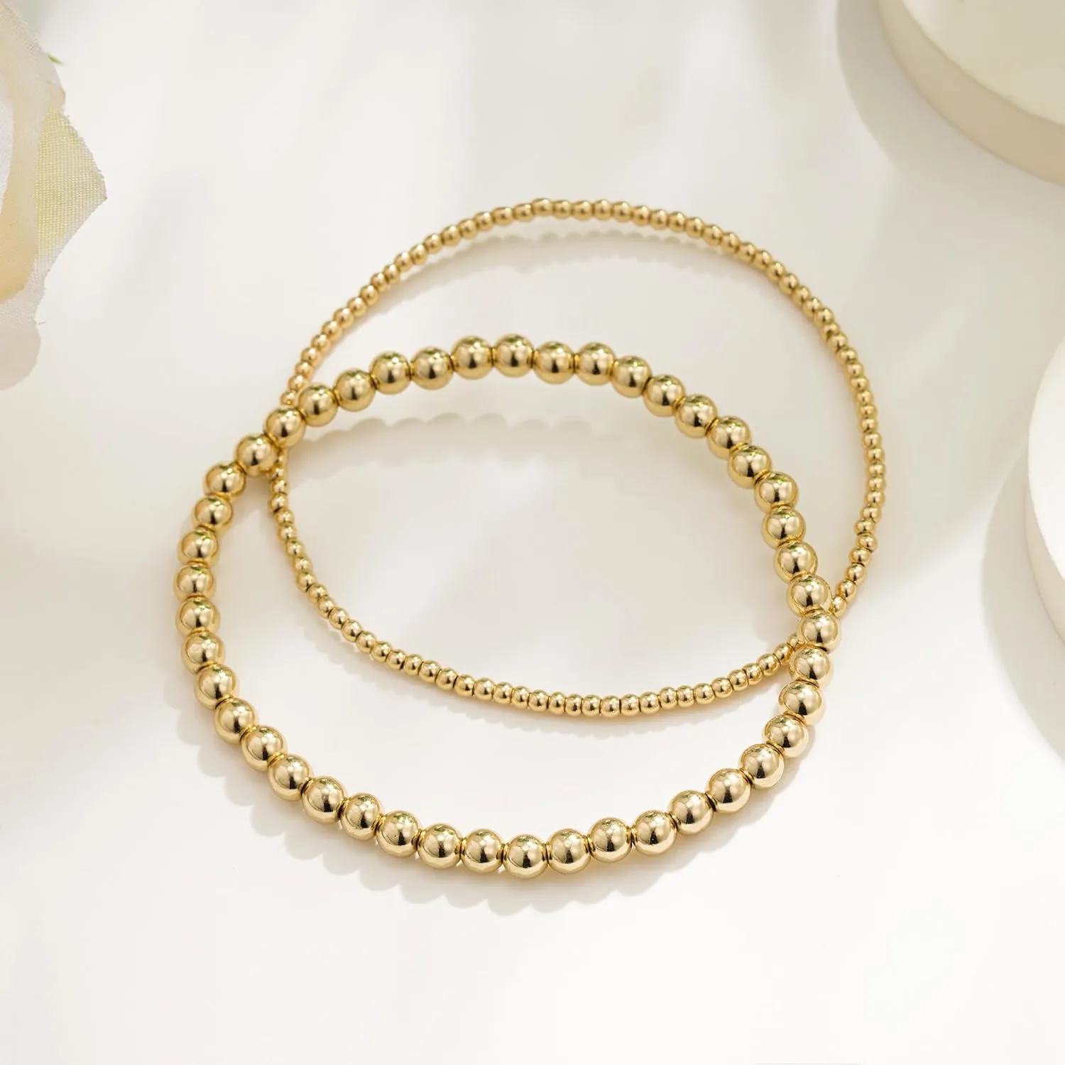 Gold Bracelets for Women, 14K Gold Plated Beaded Bracelets Gold Strand Bead Ball Bracelet Stack Set Adjustable Bracelet Set Waterproof Jewelry for Women Gifts Non Tarnish