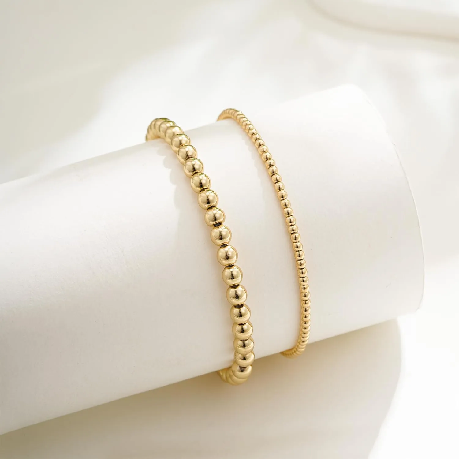 Gold Bracelets for Women, 14K Gold Plated Beaded Bracelets Gold Strand Bead Ball Bracelet Stack Set Adjustable Bracelet Set Waterproof Jewelry for Women Gifts Non Tarnish