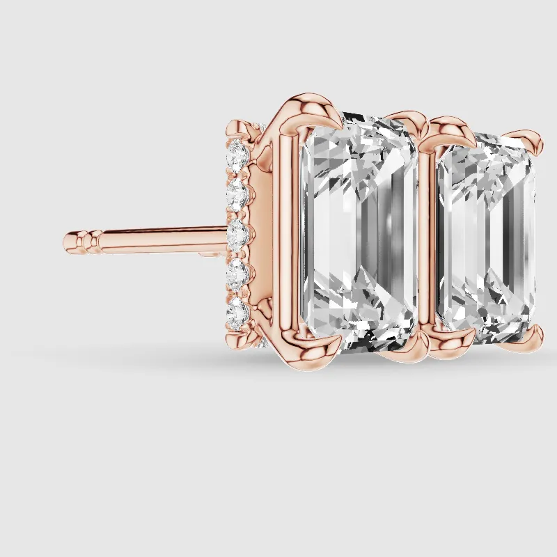 Hidden Halo Solitaire Lab Grown Diamond Studs-Emerald Cut