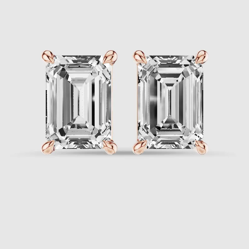 Hidden Halo Solitaire Lab Grown Diamond Studs-Emerald Cut