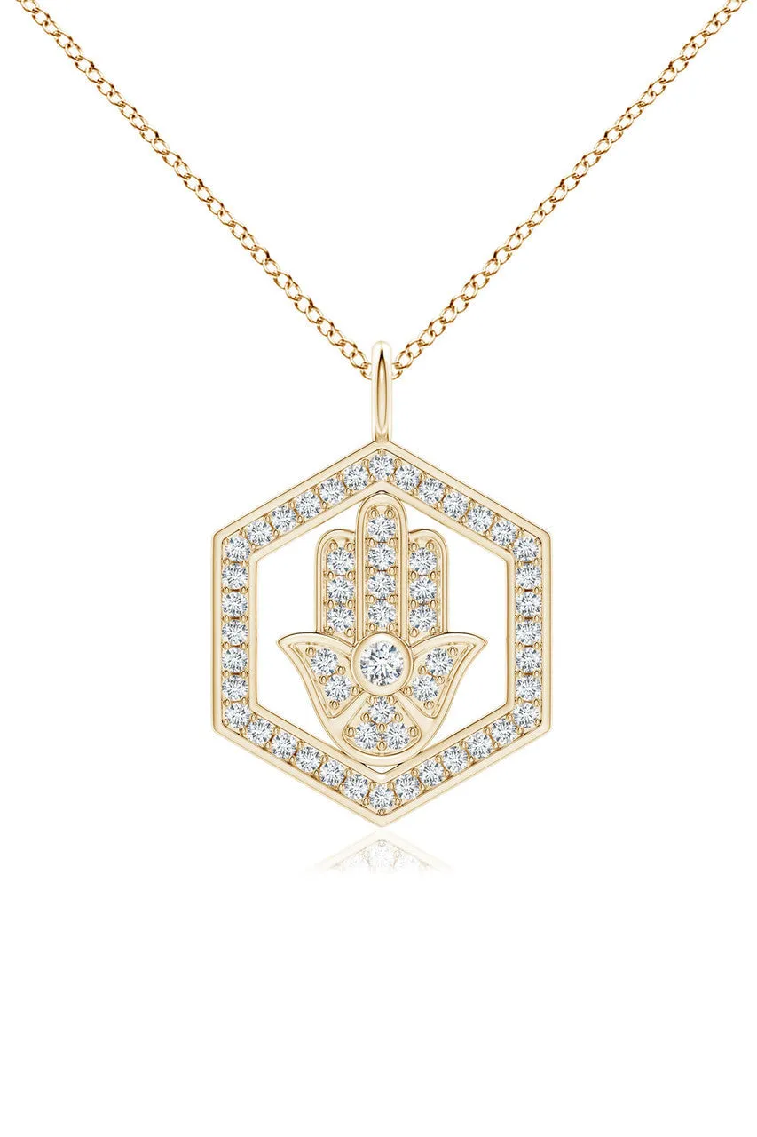 Indochine Spirit 14k Hexagon Frame Hamsa Pave Diamond Pendant Necklace